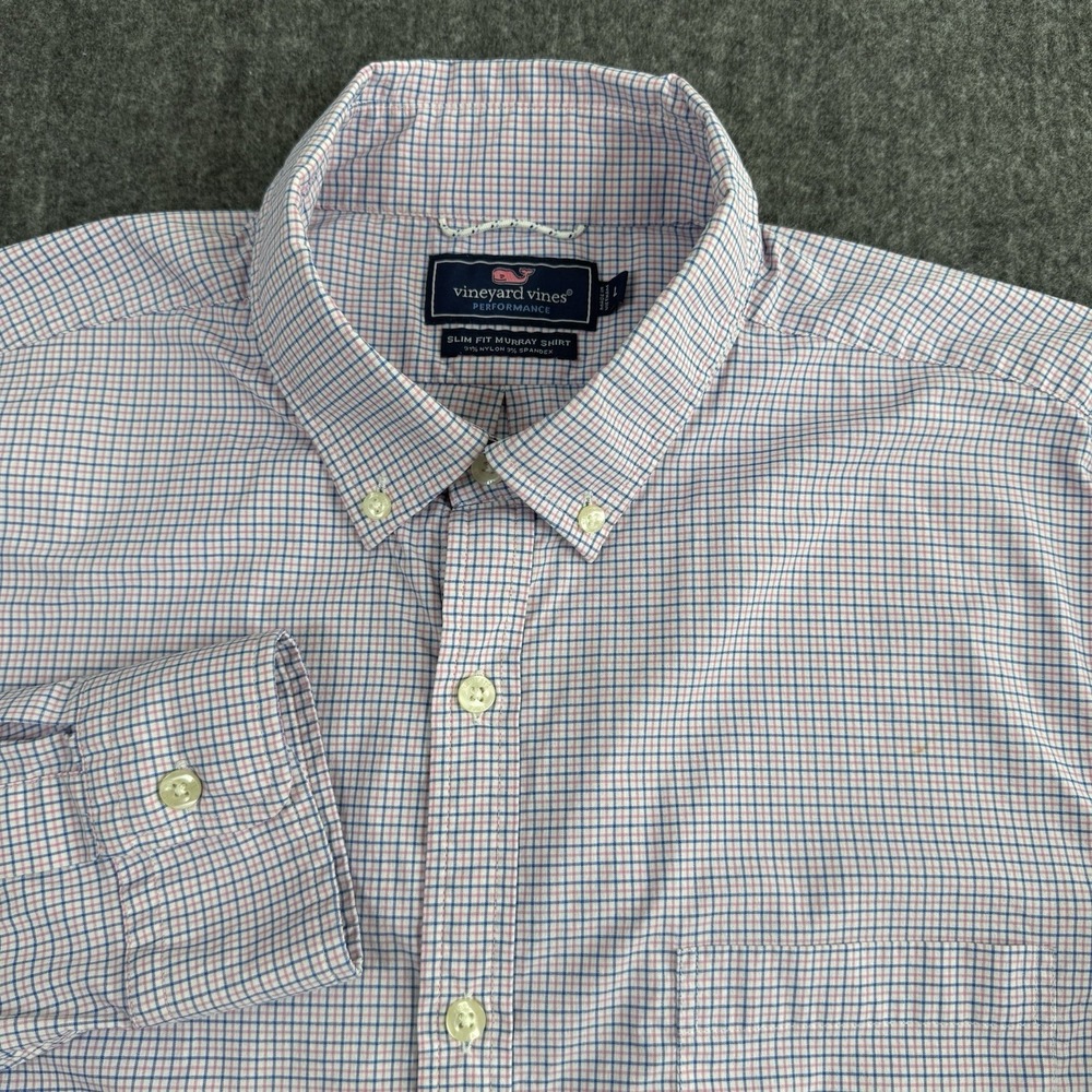 Vineyard Vines Men L Performance Slim Fit Murray Shirt Blue Pink Plaid Stretch